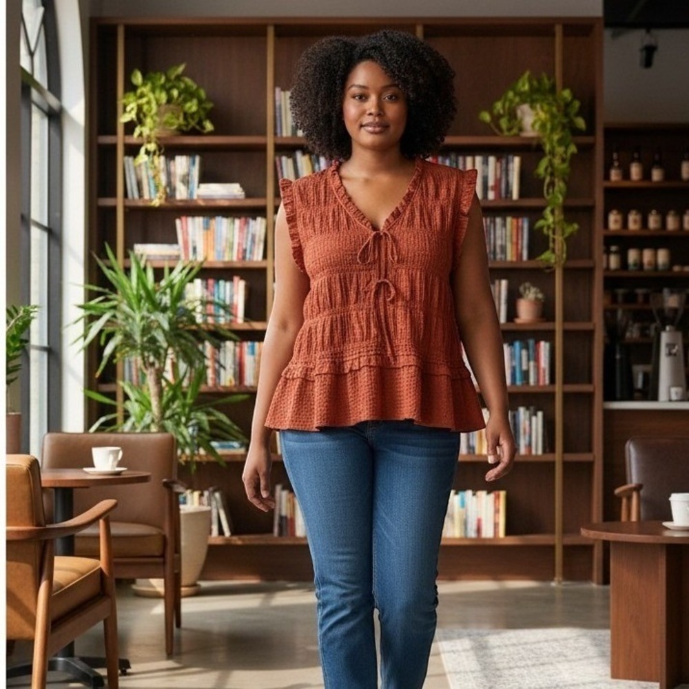 Time and Tru - Rust Orange Smocked Tie Front Peplum Sleeveless Top